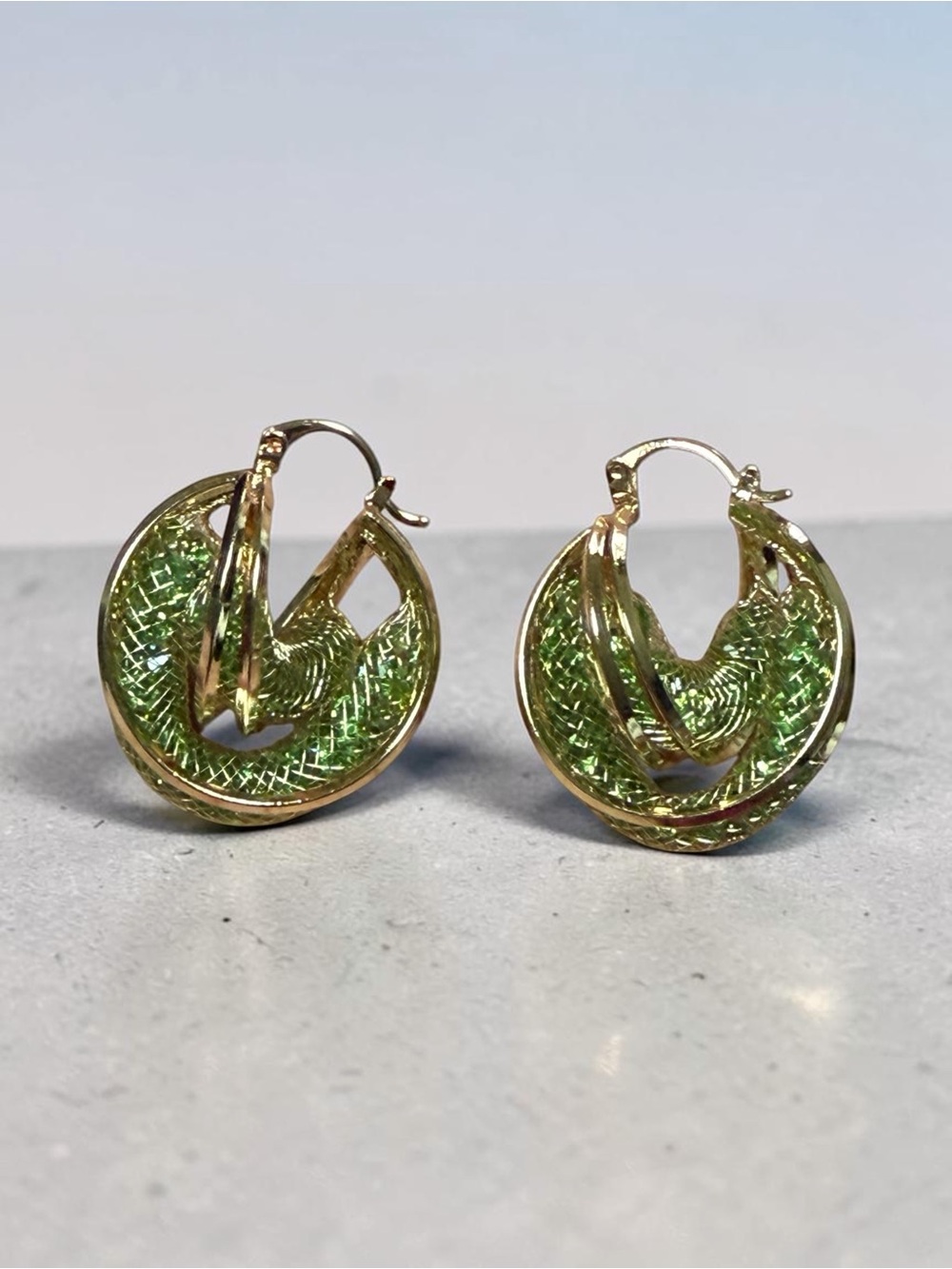 14 k Gold plated Green Textured Hoop Earrings